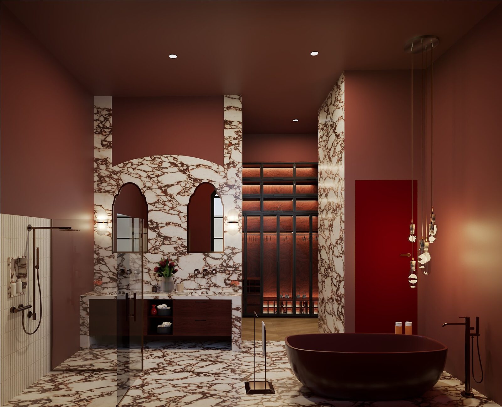 Casa Marés — primary bathroom in Calacatta Viola marble with a freestanding tub