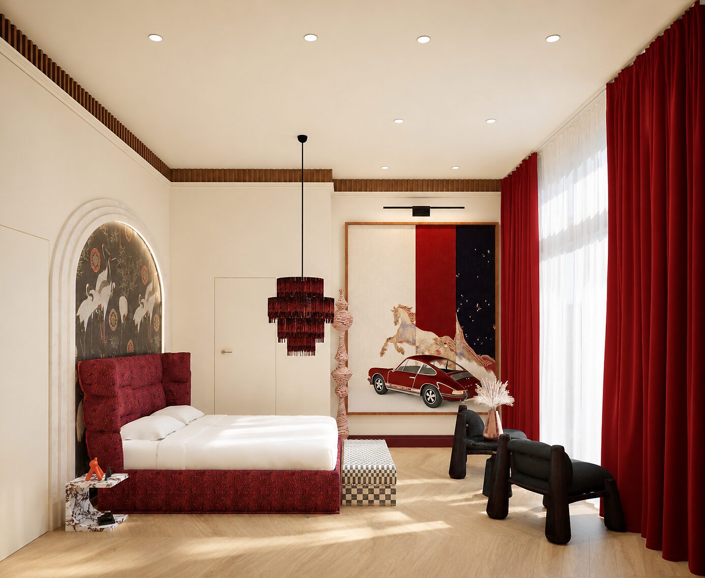 Casa Marés — primary bedroom by day in deep red and natural oak