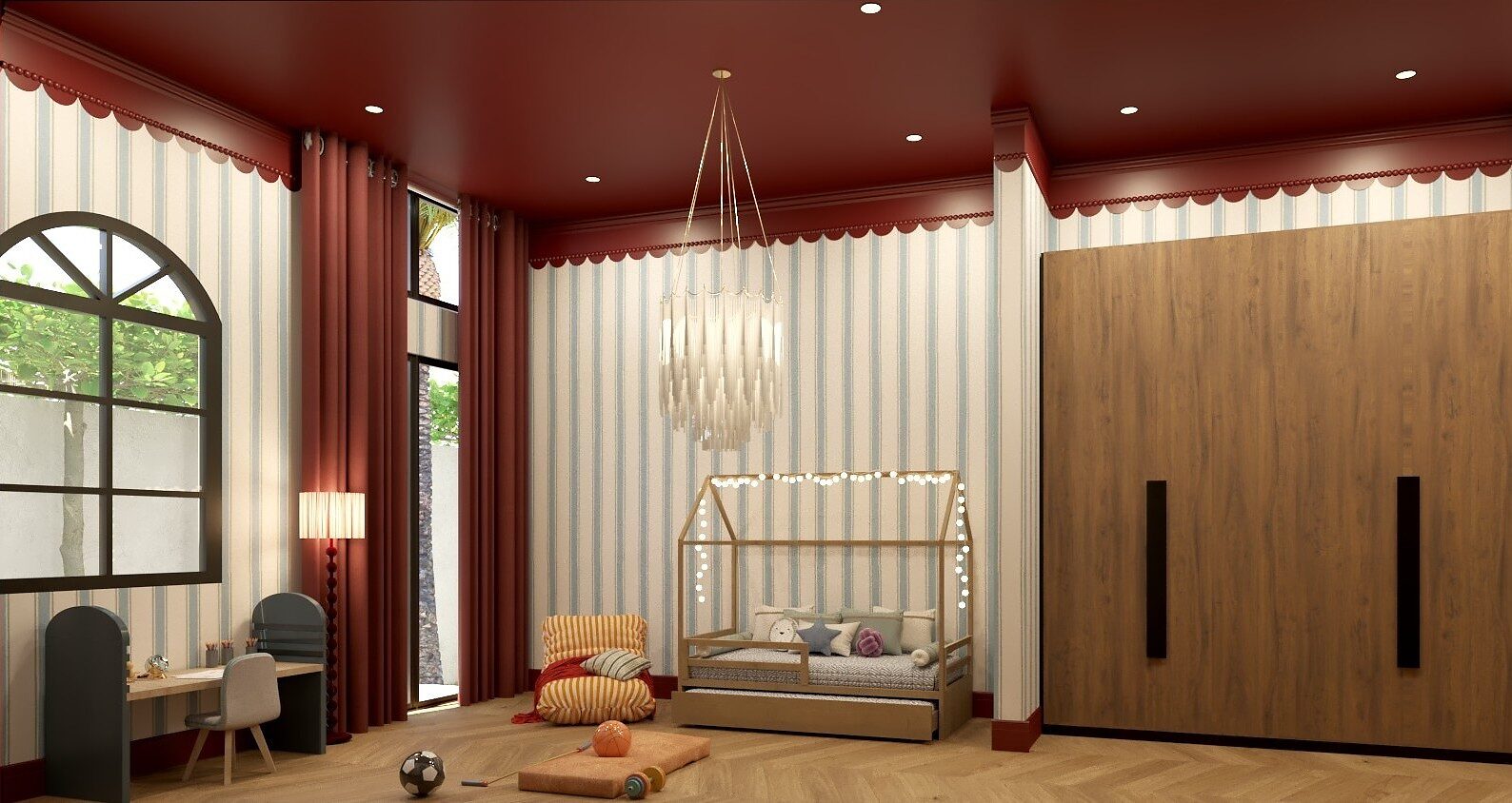 Casa Marés — children's room with a house-bed and an arched window
