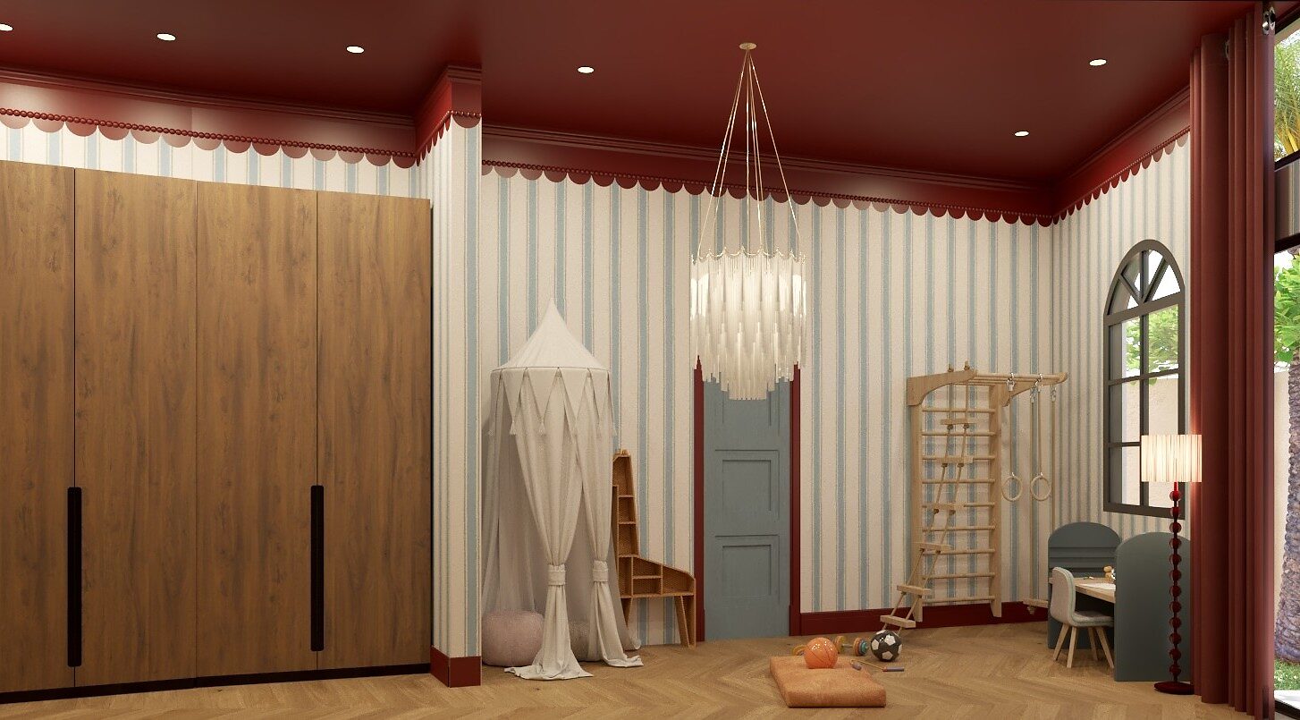 Casa Marés — children's room with striped walls, a canopy and wall bars