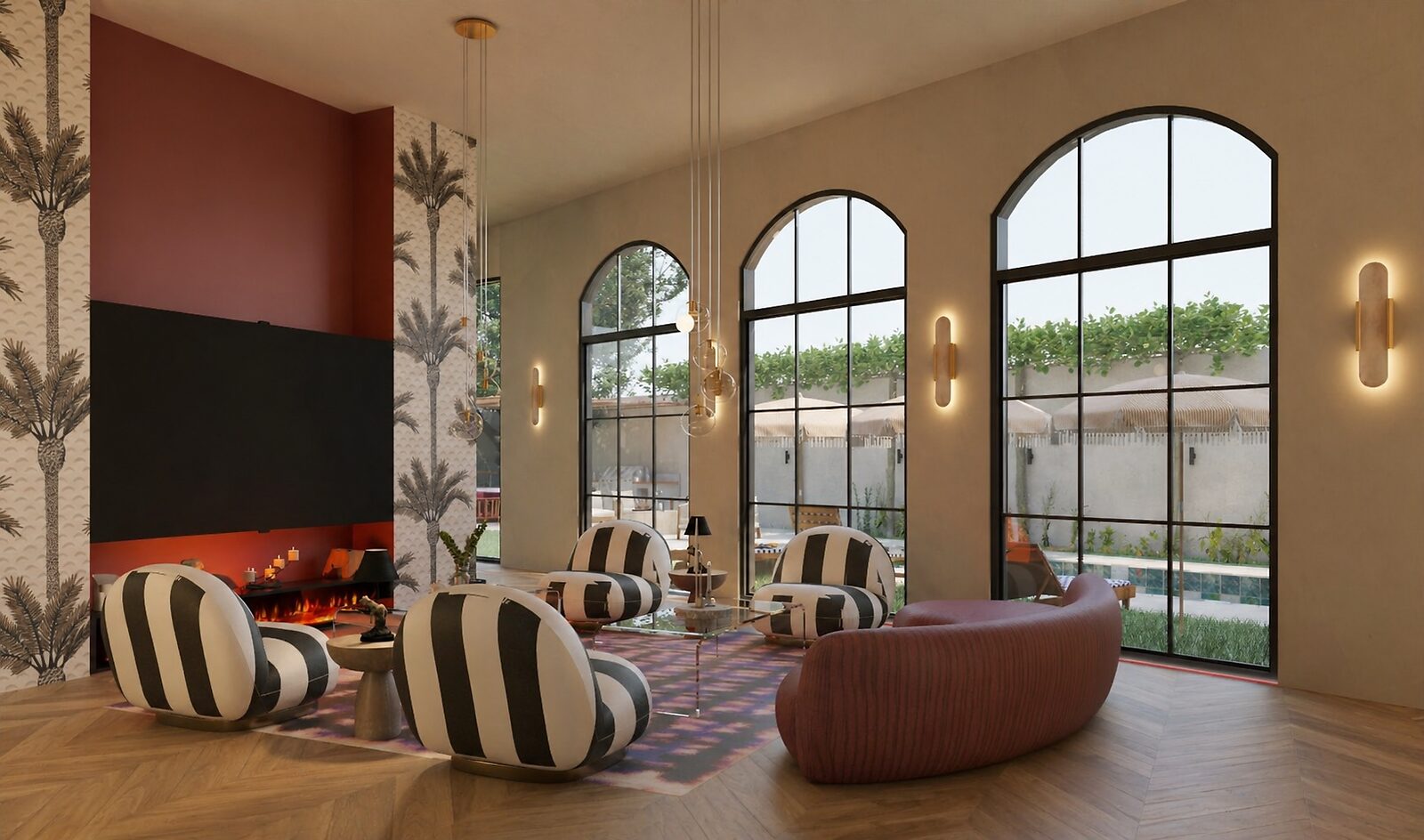 Casa Marés — living room with a fireplace, arched windows and a pool view