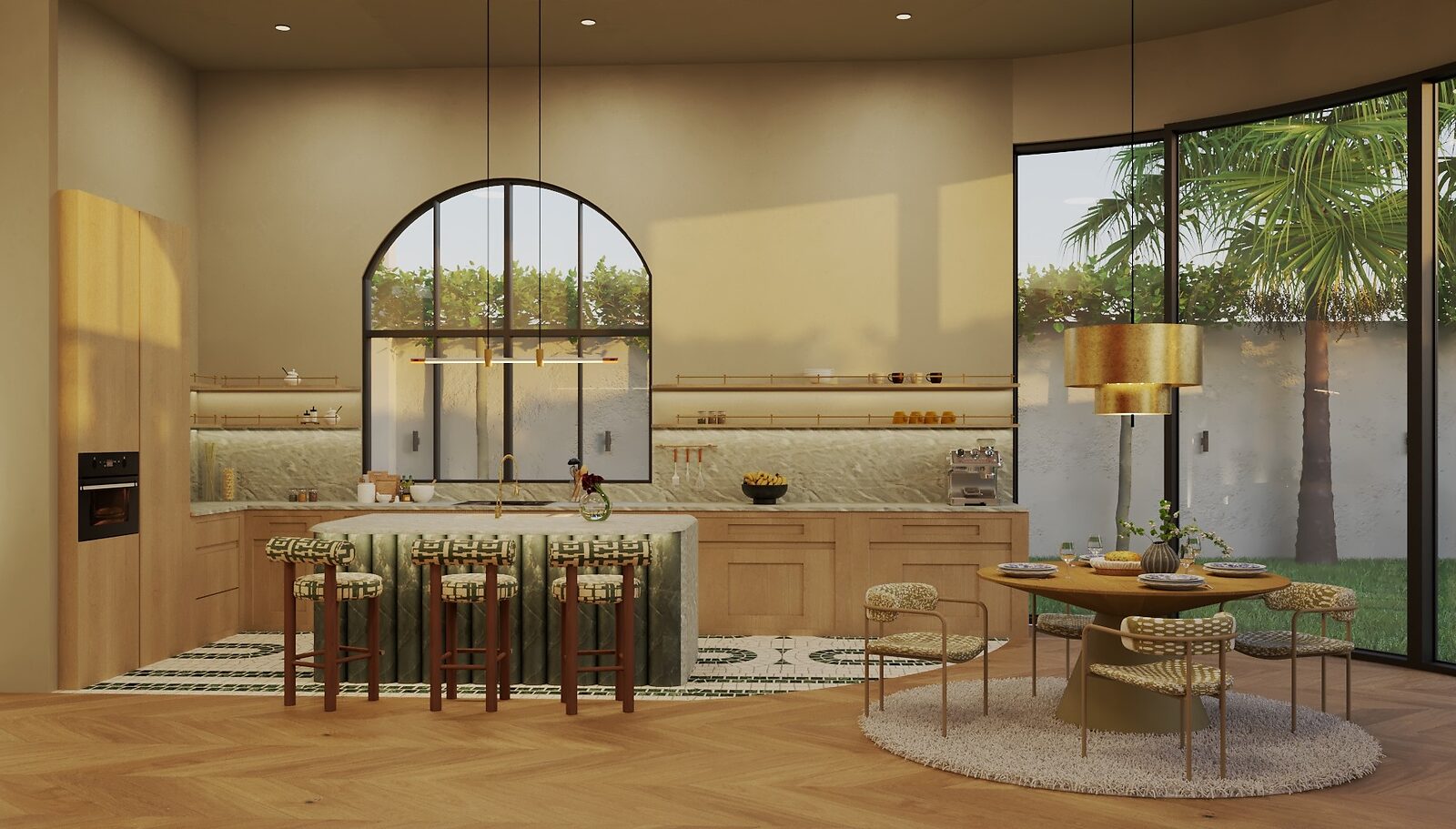 Casa Reina — kitchen with an island and warm wood