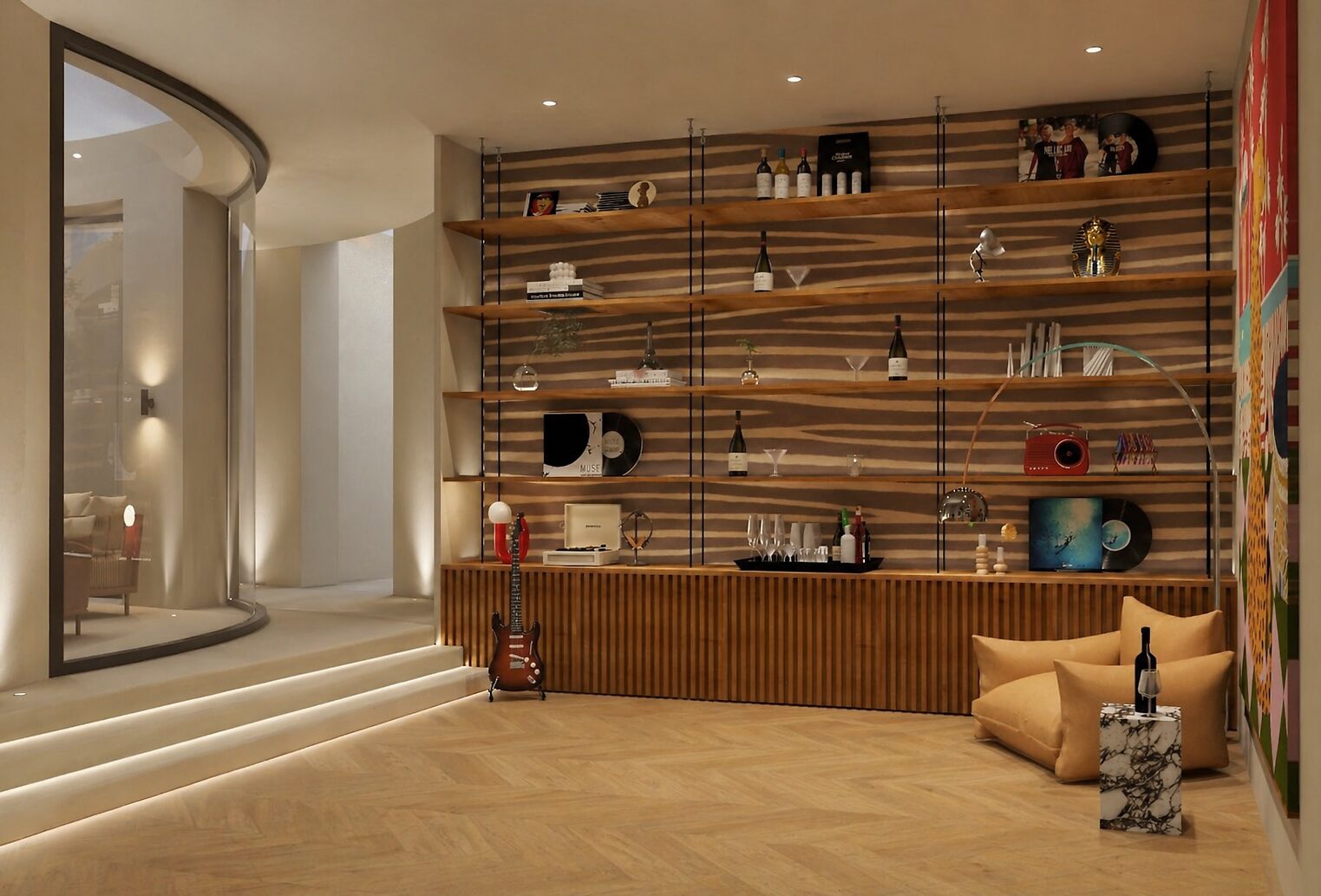 Casa Reina — lounge with a slatted-wood wall, open shelving and a curved staircase