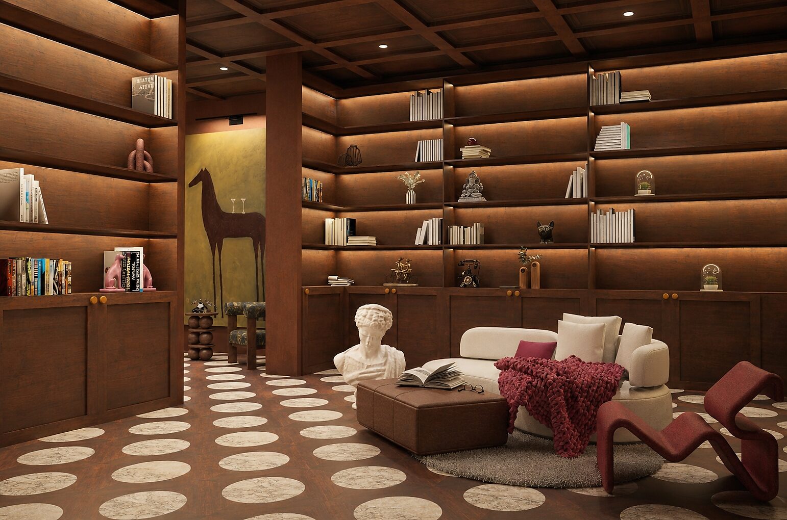 Office & Studio — library with floor-to-ceiling wood shelving and cove lighting