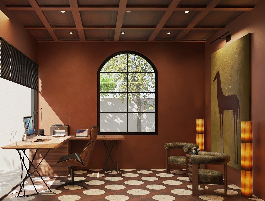 Office & Studio — private home office with terracotta walls and an arched window in Alicante