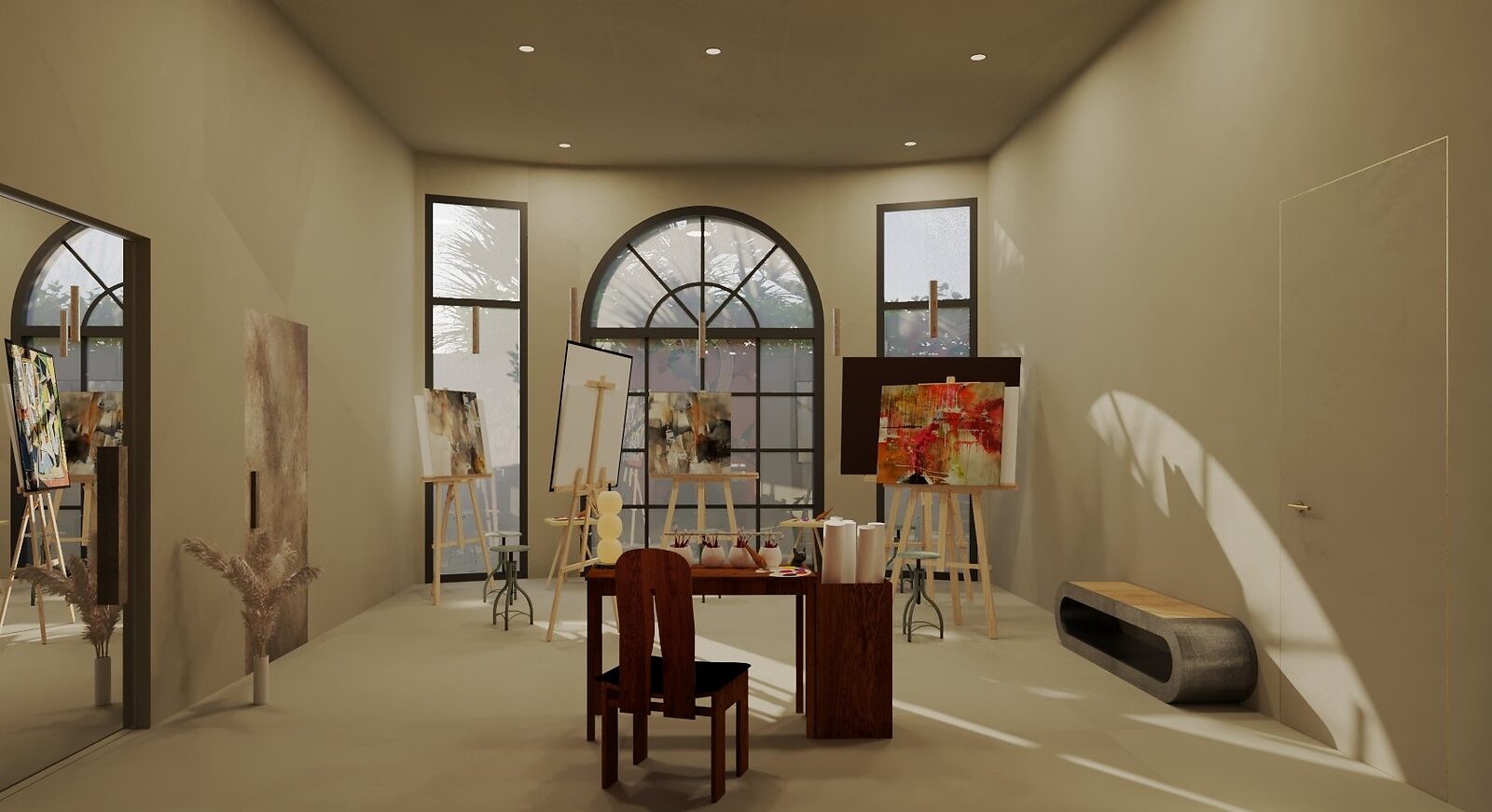 Office & Studio — art studio with easels, paintings and arched windows