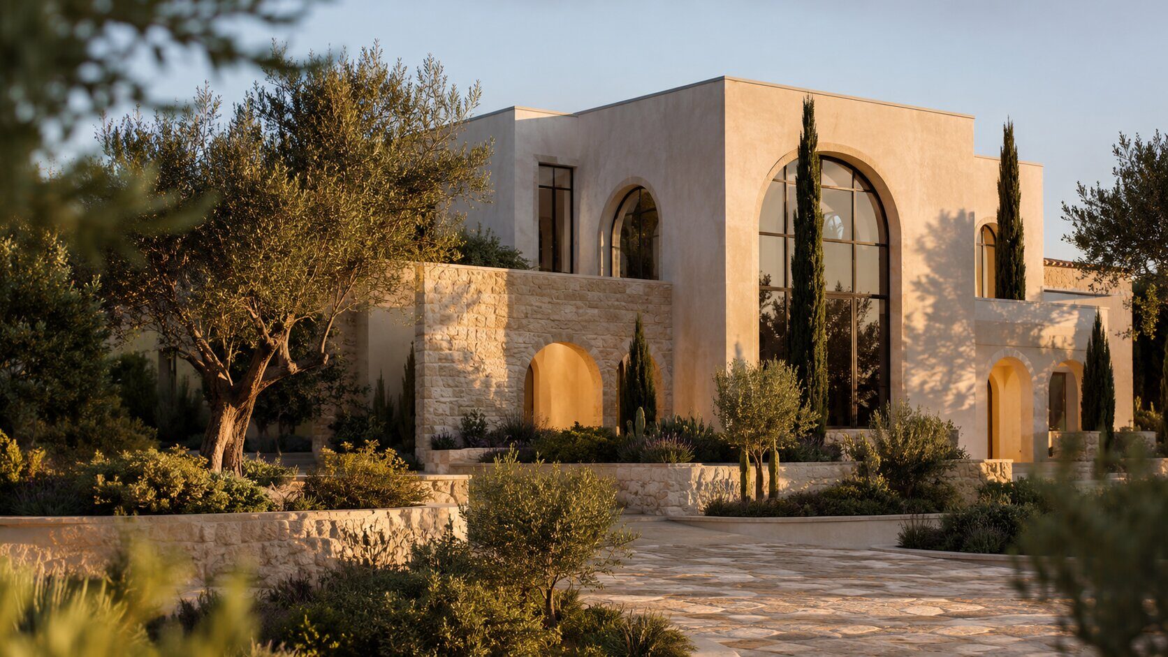 Mediterranean villa in Alicante — pale-stone facade and arched windows at golden hour