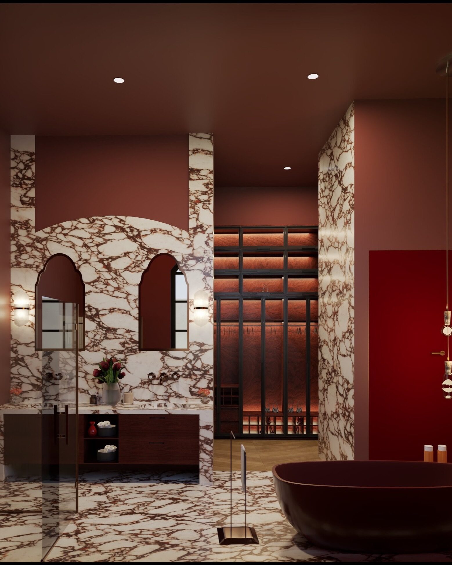 Casa Marés master bathroom — calacatta viola marble, arched mirrors and warm Mediterranean light